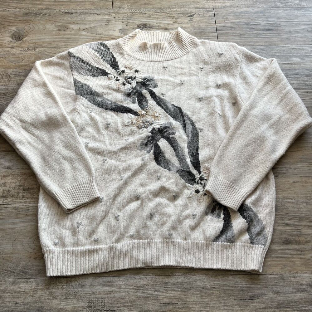 Alfred Dunner Sweater Knit Women's Large Vintage White Gray Turtleneck